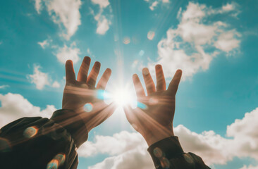 Wall Mural - hands, pray and person with hope, flare and faith for grace, light and forgiveness with compassion. 