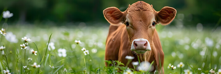 Poster - Curious brown calf in lush green field with white flowers