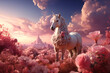 Magic pink unicorn in fantastic world with fluffy clouds and meadows with roses. A fairy character monoceros
