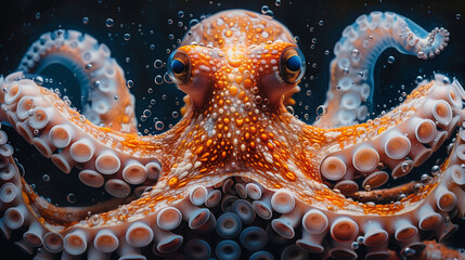 Wall Mural - Close-up of an orange octopus with tentacles spread out, surrounded by bubbles in a dark aquatic environment.