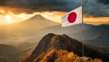 Wall Mural - The Flag of Japan On The Mountain.