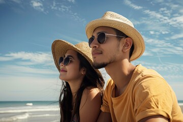 Wall Mural - Portrait of a young couple on summer vacation at the beach