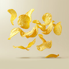 Wall Mural - Delicious potato chips flying in the air, food photography