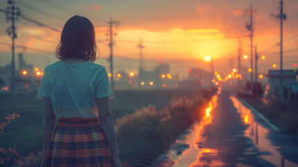 Wall Mural - A young woman standing on a street at sunset, looking towards the horizon with a vibrant sky in the background.