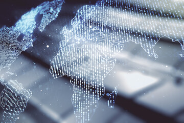 Aufkleber - Multi exposure of abstract graphic world map on abstract metal background, big data and networking concept