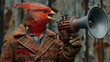 Surreal artwork of a bird-headed man in a tweed jacket holding a megaphone against a rusty metal background.