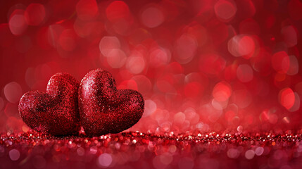 Wall Mural - Red hearts on the background of red glitter. Romantic moment, Love theme style.