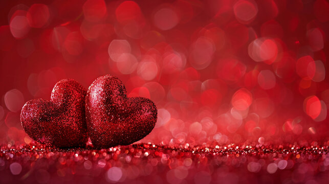 Red hearts on the background of red glitter. Romantic moment, Love theme style.