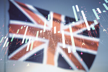 Poster - Multi exposure of virtual abstract financial graph interface on British flag and sunset sky background, financial and trading concept