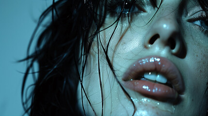 Wall Mural - Close-up portrait of a woman with wet hair and glossy lips, highlighted by blue lighting.