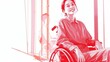 A smiling woman in a wheelchair is depicted in a stylized red and white illustration