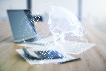 Poster - Double exposure of digital map of North America hologram on blurry calculator with laptop background, research and strategy concept