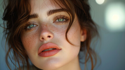 Poster - Close-up portrait of a young woman with freckles, wavy brown hair, and green eyes, looking at the camera.