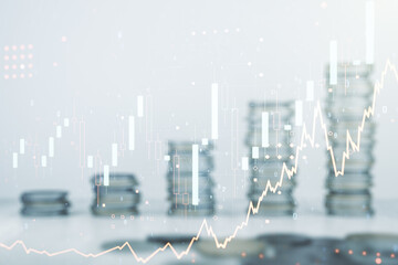 Poster - Double exposure of abstract creative financial chart hologram on growing stacks of coins background, research and strategy concept