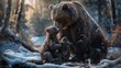 A bear and a baby bear are sitting on a log in the snow