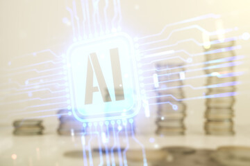Poster - Double exposure of creative artificial Intelligence icon on growing stacks of coins background. Neural networks and machine learning concept