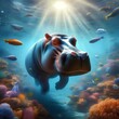 
surrealistic image of an adult hopopotamus swimming submerged 3