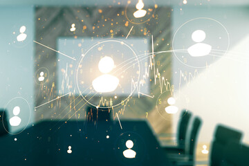 Poster - Double exposure of social network icons hologram on a modern boardroom background. Networking concept