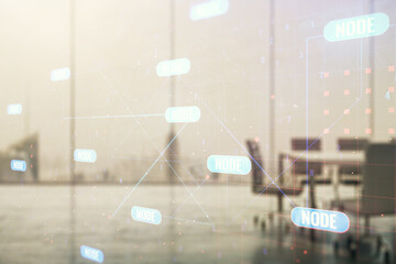 Aufkleber - Multi exposure of abstract graphic coding sketch on a modern furnished classroom background, big data and networking concept