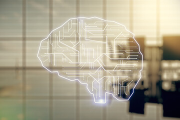 Aufkleber - Virtual creative artificial Intelligence hologram with human brain sketch on a modern coworking room background. Double exposure