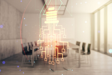 Poster - Virtual creative light bulb illustration with microcircuit on a modern coworking room background, future technology concept. Multiexposure