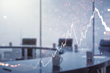 Poster - Multi exposure of virtual abstract financial chart hologram and world map on a modern meeting room background, research and analytics concept