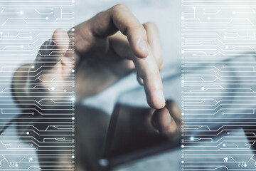 Poster - Creative concept of microscheme illustration and finger clicks on a digital tablet on background. Big data and database concept. Multiexposure