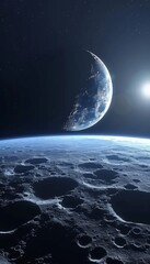 Poster - Close up illustration of moon s surface on a galaxy planet in space, detailed landscape view