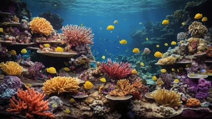 Wall Mural - Colorful coral reef  with fish, copy text
