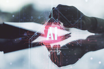 Aufkleber - Creative artificial Intelligence symbol concept with finger presses on a digital tablet on background. Double exposure