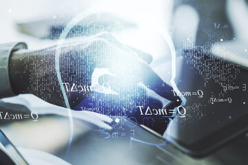 Aufkleber - Creative artificial Intelligence concept with human head hologram and finger clicks on a digital tablet on background. Multiexposure