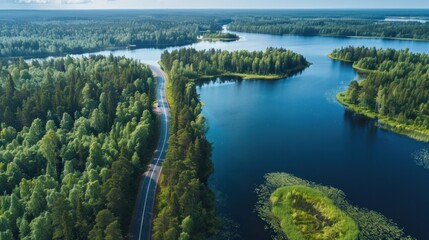 Wall Mural - Aerial view of road in green woods and blue lakes water in summer Finland 