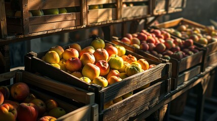 Wall Mural - A closeup of crates filled with a variety of ripe fruits like apples, oranges, bananas, and grapes