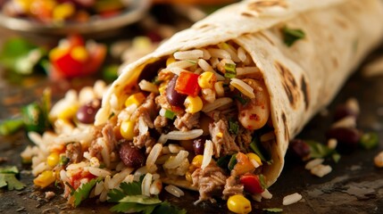 Poster - Closeup of a tightly wrapped flour tortilla burrito filled with savory meat, beans, and rice, bursting with vibrant flavors