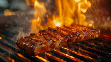Poster - Close-up of a steak sizzling on a hot grill, searing and caramelizing to perfection