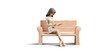 Woman, a girl sits on a bench and reads a book, 3D. For concepts of education, science, literature, recreation, and lifestyle. Vector illustration