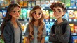 Group of cartoon teenagers shopping for a party, choosing snacks and drinks in a fun aisle