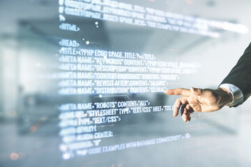 Aufkleber - Multi exposure of developer's hand working with abstract creative coding sketch on blurred office background, artificial intelligence and neural networks concept