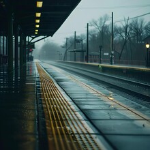 An Empty Train Station Lies In Wait, Its Platform Slick With Rain Under A Hazy, Mist-filled Sky, Lit By The Soft Glow Of Overhead Lights.