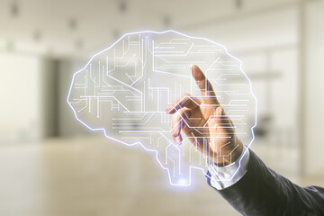 Aufkleber - Double exposure of man hand working with creative human brain microcircuit hologram on blurred office background. Future technology and AI concept