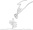 Line drawing. Hand watering plant at ground. Earth day save environment concept. Vector illustration
