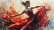 Contemporary Oil Painting of A Beautiful Women Ballerina Ballerina Dancer Dancing in Red Ballet Dress