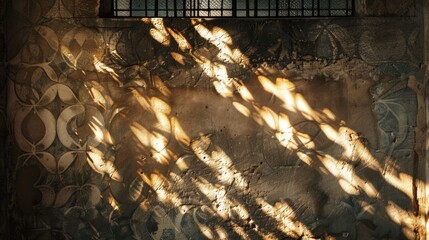 Wall Mural - Sunlight creates intricate shadows on textured wall.