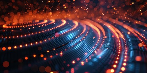 Abstract digital background with glowing blue and orange dots forming concentric circles, representing technology or data flow.