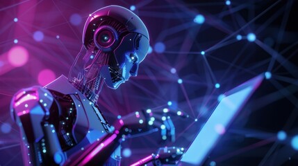 Aufkleber - Illustration of robot humanoid using a laptop, symbolizing global network connection.