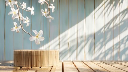 Wall Mural - Bamboo Podium on Beach with Plumeria Flowers for Tropical Getaways and Spa Designs- cosmetic product display 