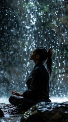 Wall Mural - Meditative Pose Under Cascading Waterfall, The image features an individual in a meditative pose, enveloped by the powerful yet serene rush of a waterfall. 