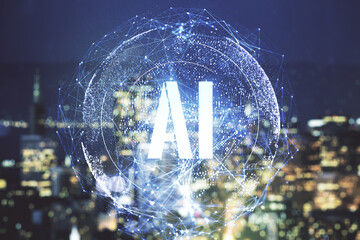 Poster - Creative artificial Intelligence symbol hologram on blurry skyscrapers background. Double exposure