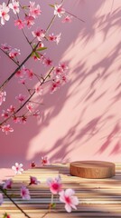 Wall Mural - bamboo podium on sakura flowers with outdoor sun and shadow background, Bamboo Podium with Coconuts on Tropical Beach - Great for Travel and Hospitality Marketing