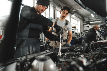 Canvas Print - Two male mechanics repairing car in car service